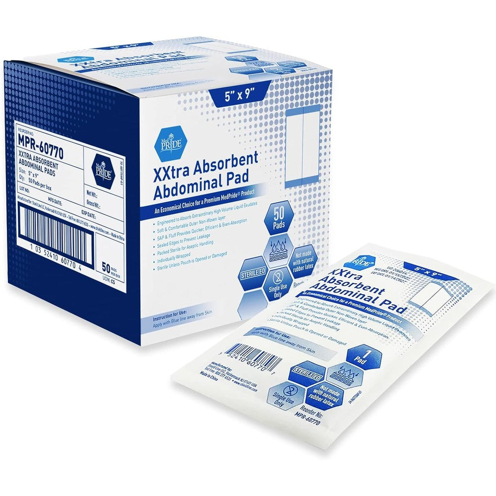 MED PRIDE Sterile Abdominal Pads front view of the packaging box showing surgical dressing details.