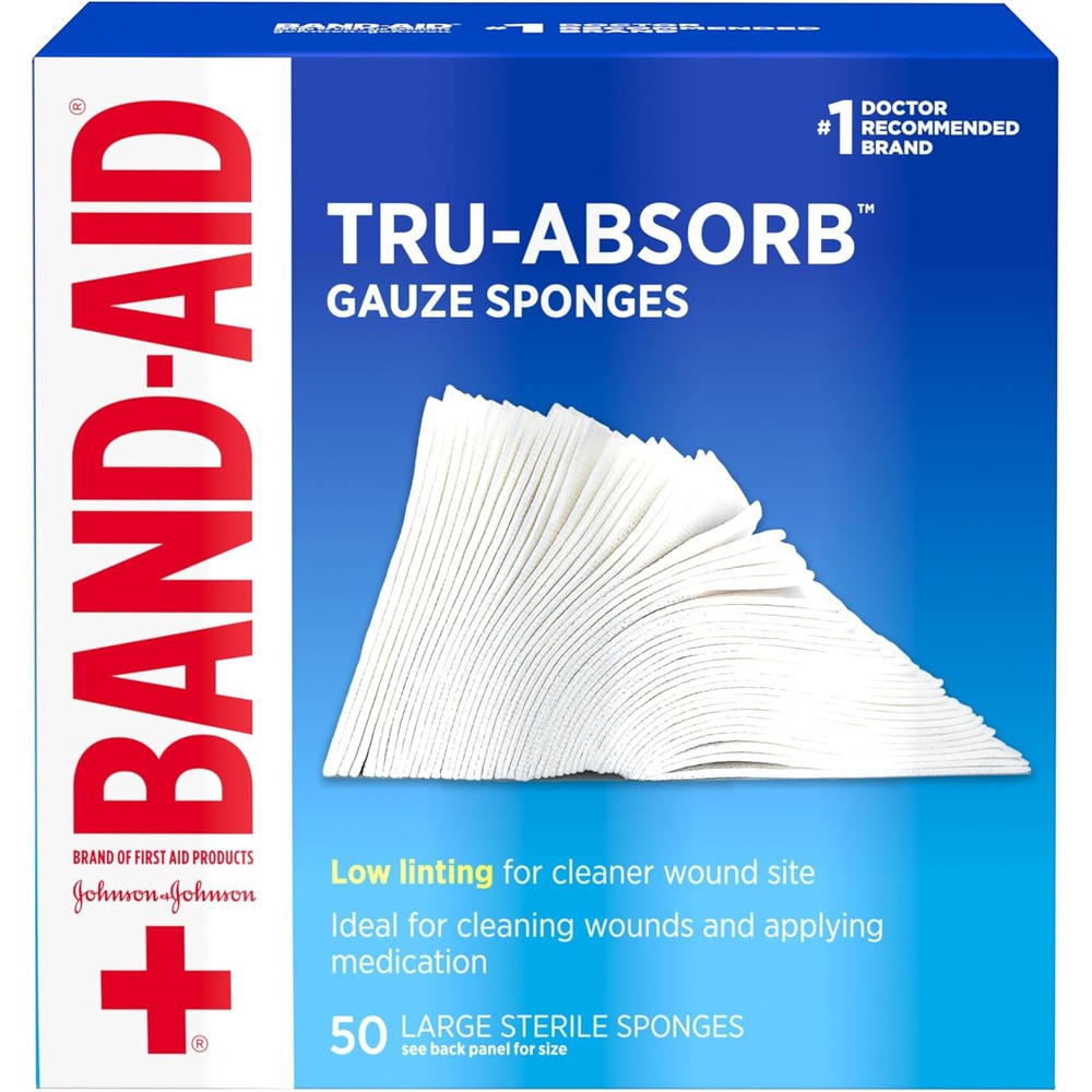 Band-Aid Tru-Absorb Sterile Gauze Sponges front packaging view showing 50 count box