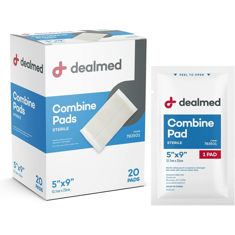 Dealmed sterile abdominal combine pads 20 pack box front view showing product specifications for medical first aid.