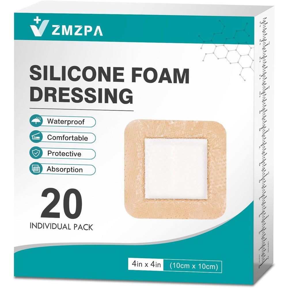ZMZPA silicone foam dressing 4x4 front view of the packaging box and single sterile packet.