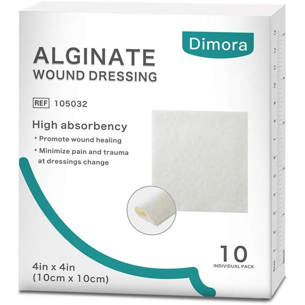 Dimora Calcium Alginate Wound Dressing box and individual sterile packages front view