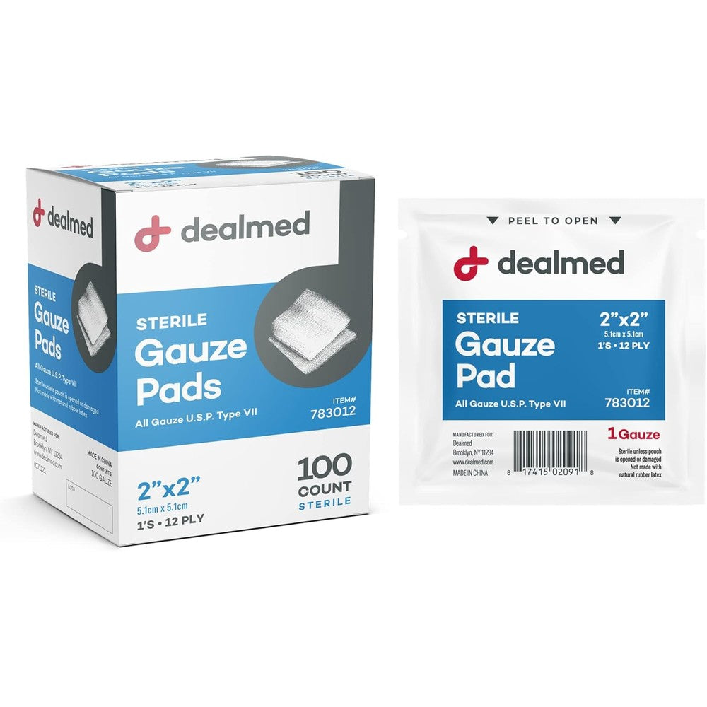 Dealmed Sterile Gauze Pads front box packaging showing blue and red branding