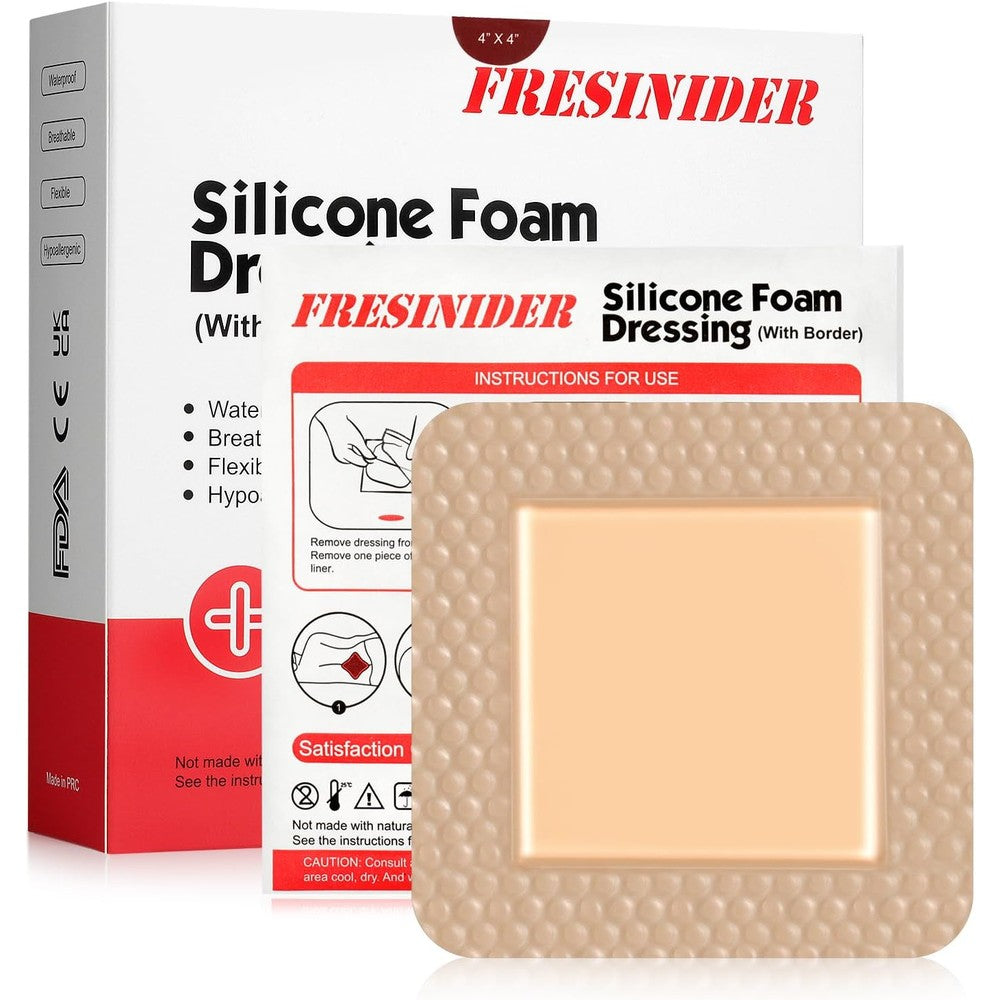 FRESINIDER silicone foam dressing front packaging box view showcasing 10 pack wound care bandages
