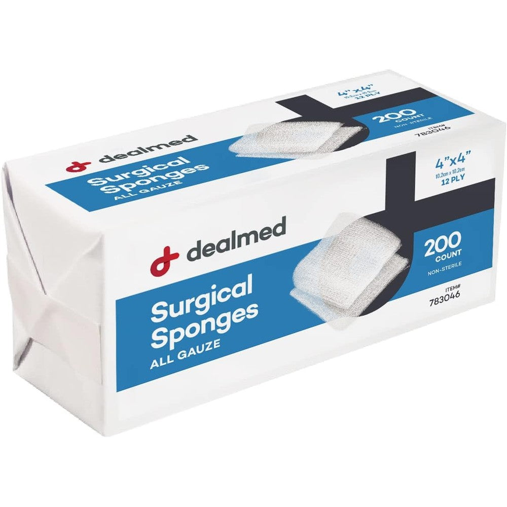 Dealmed Surgical Sponges packaging front view showing two hundred count details