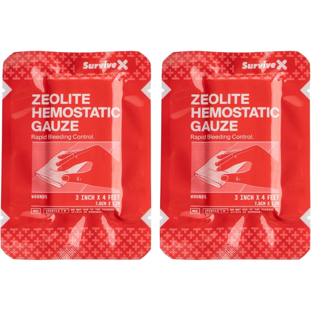 SurviveX Hemostatic Gauze front view packaging of the sterile emergency trauma dressing.