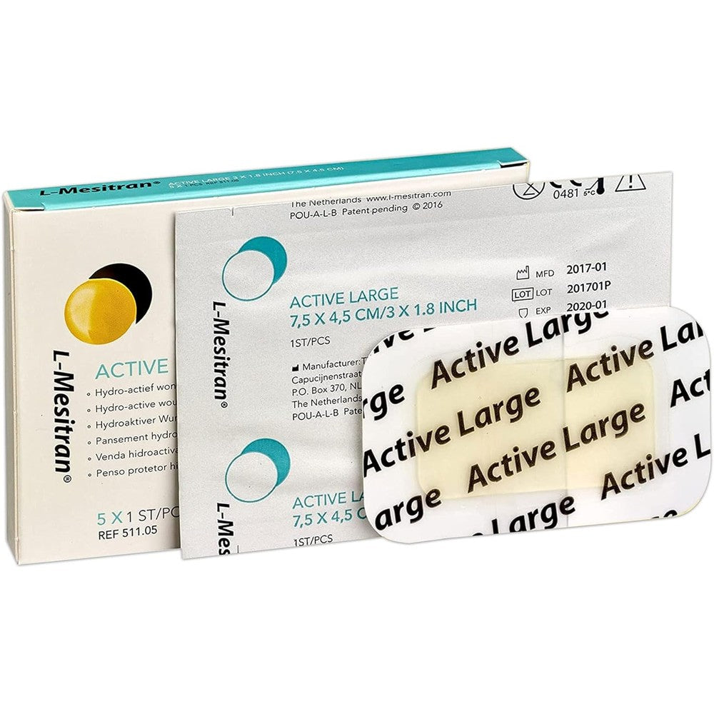L-Mesitran Medical Grade Honey Bandages front packaging view showing five pieces count