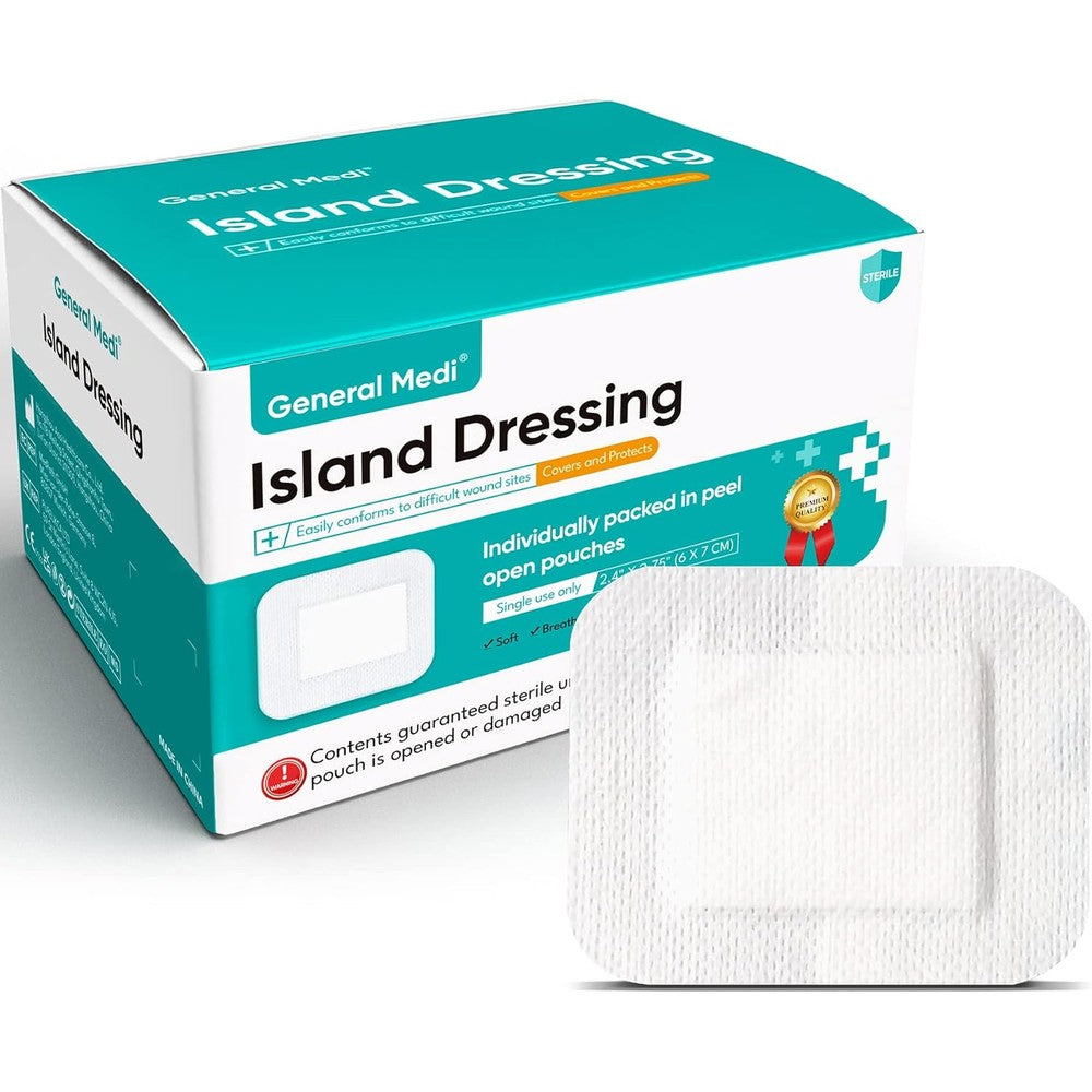 General Medi Sterile Island Dressing Bordered Gauze box front view for authentic first aid wound care