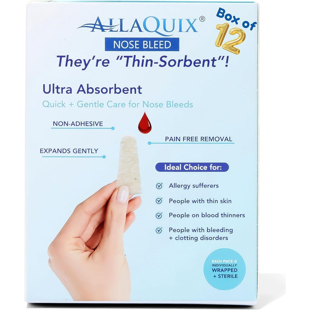 AllaQuix Nose Bleed Stopper Box of 12 front view showing sterile packaging for rapid hemostatic relief