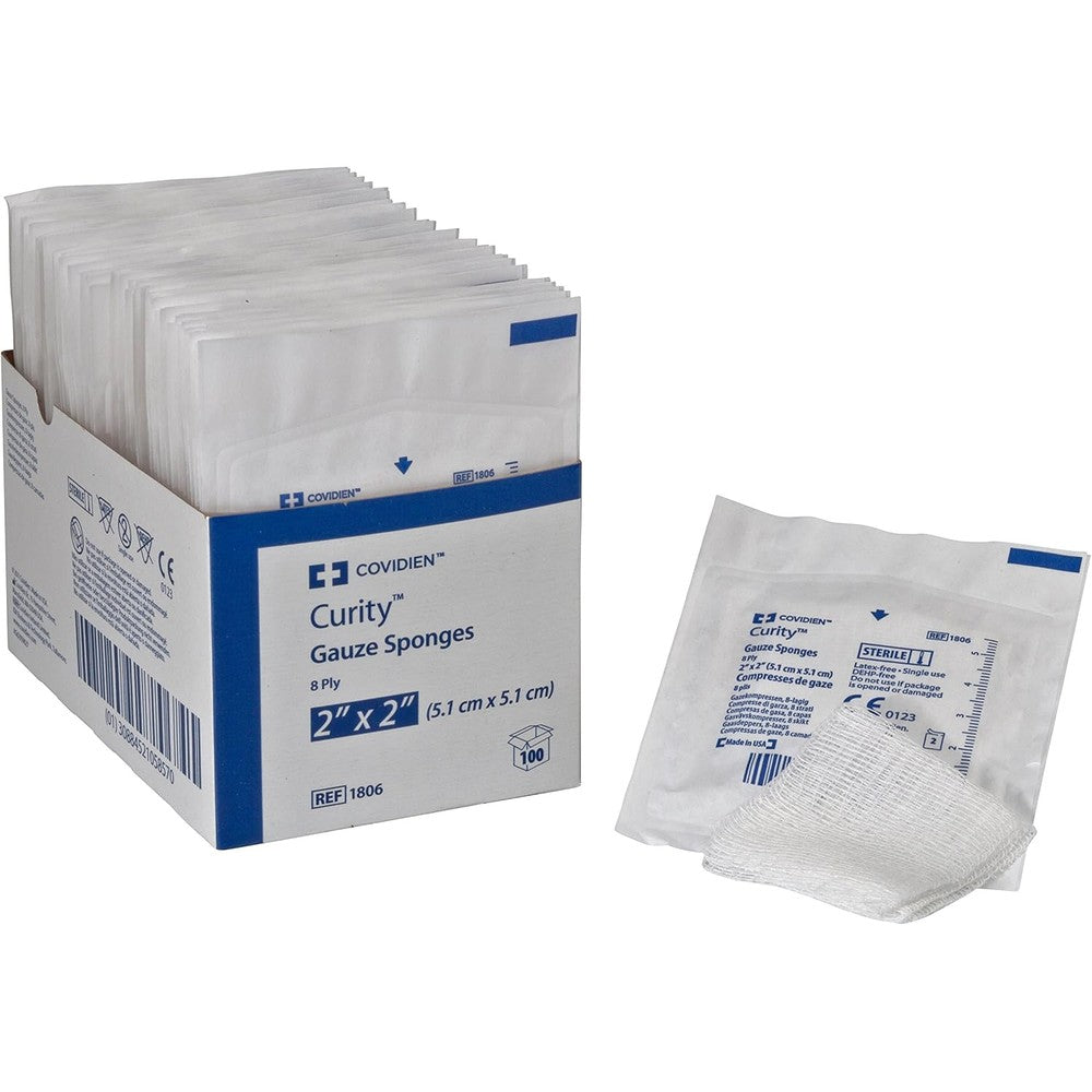 Covidien Curity Gauze Sponge box front view showing sterile medical pads.