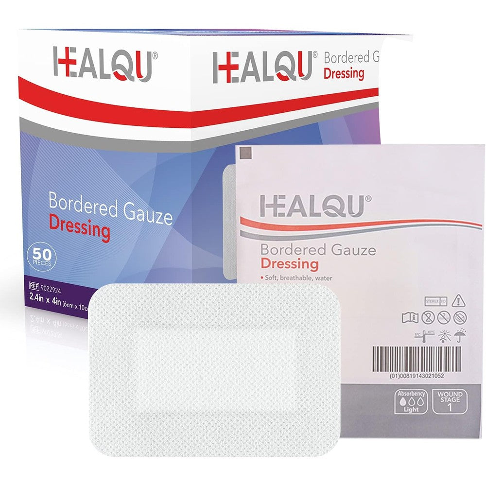 Healqu bordered gauze island dressing front packaging box containing 50 sterile pads