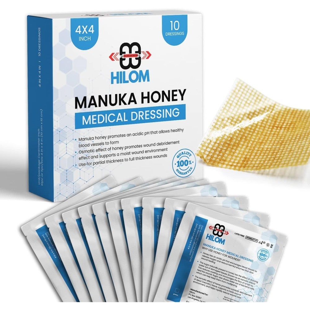 Hilom Medical Grade Manuka Honey Gauze Dressing box front view showing ten sterile pads.
