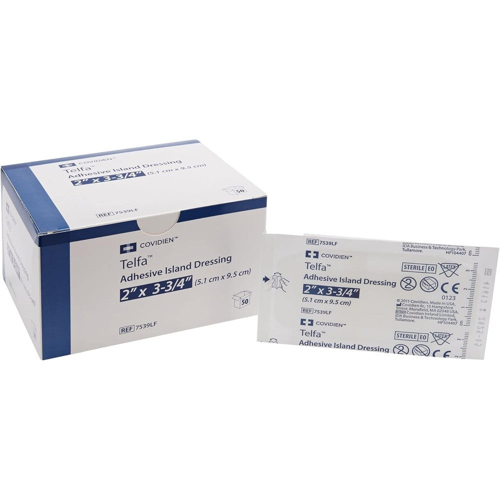 Covidien Telfa Adhesive Island Dressing 50 count box front view showing sterile packaging details for premium wound care.