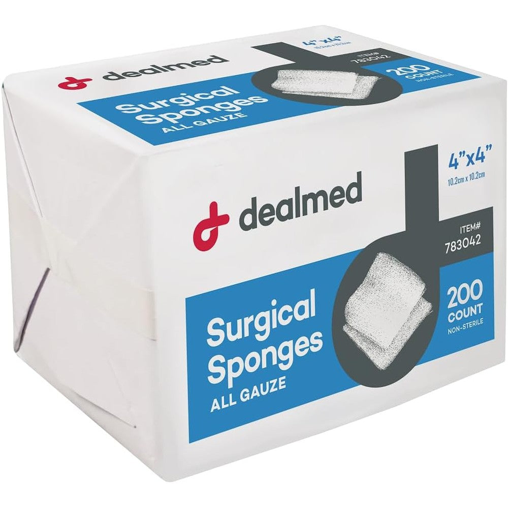 Dealmed Surgical Sponges 200 count packaging box front view for wound care.