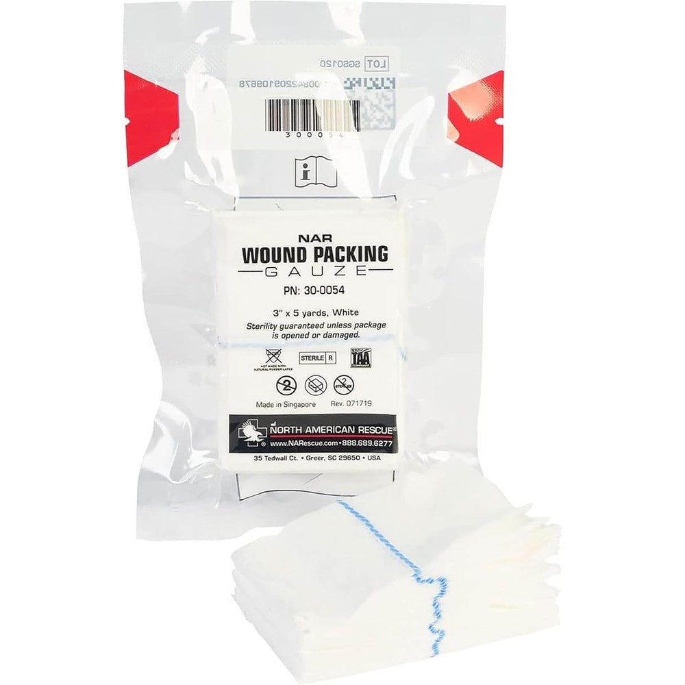 North American Rescue wound packing gauze front view package showing sterile trauma bandage branding