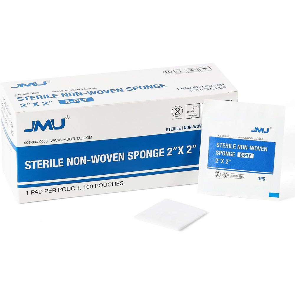 JMU sterile gauze pads 100 pack front view of first aid box packaging.