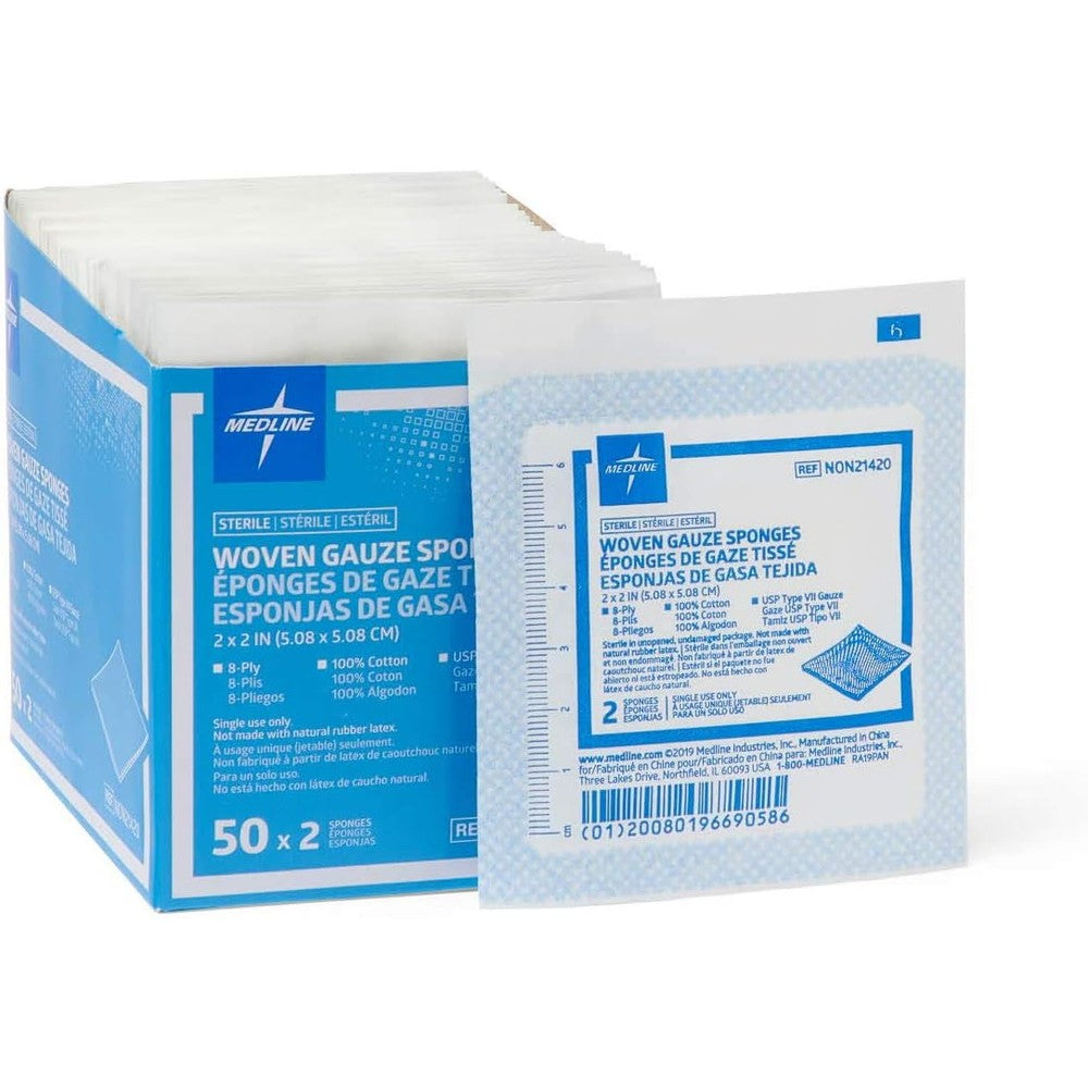 Medline Sterile Woven Gauze Sponges 100 Count front packaging view