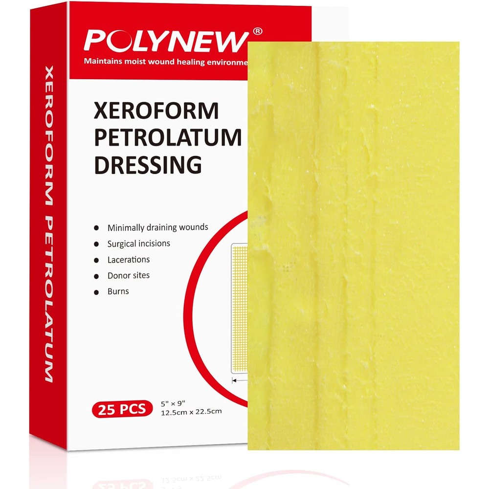POLYNEW Xeroform Petrolatum Dressing front box view sterile wound care gauze