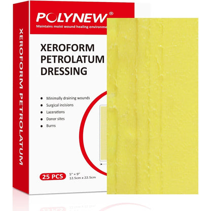 POLYNEW Xeroform Petrolatum Dressing front box view sterile wound care gauze
