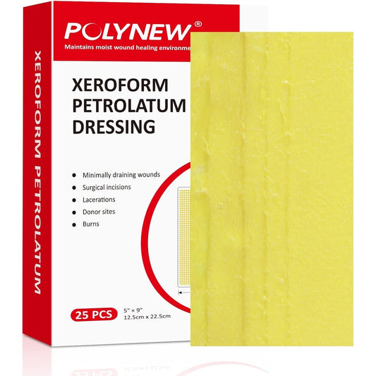 POLYNEW Xeroform Petrolatum Dressing front box view sterile wound care gauze
