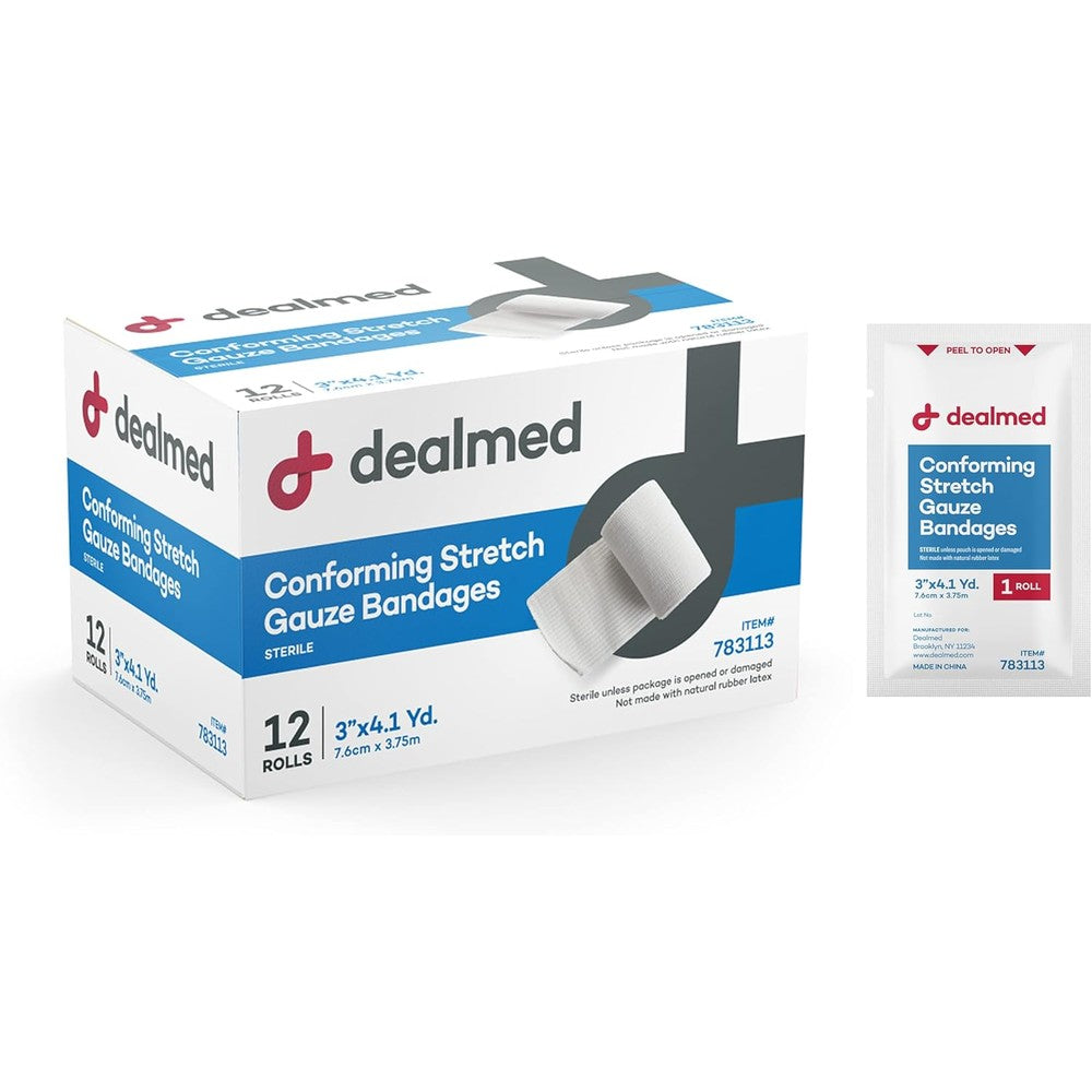 Dealmed sterile conforming stretch gauze bandages box front view showing twelve rolls of medical mesh wrap.