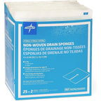 Medline sterile nonwoven gauze drain sponge fifty count box front view showcasing authentic USA packaging.