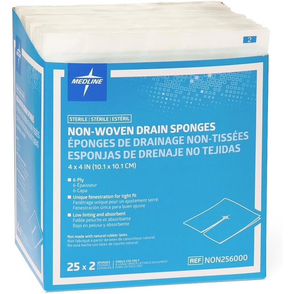 Medline sterile nonwoven gauze drain sponge fifty count box front view showcasing authentic USA packaging.