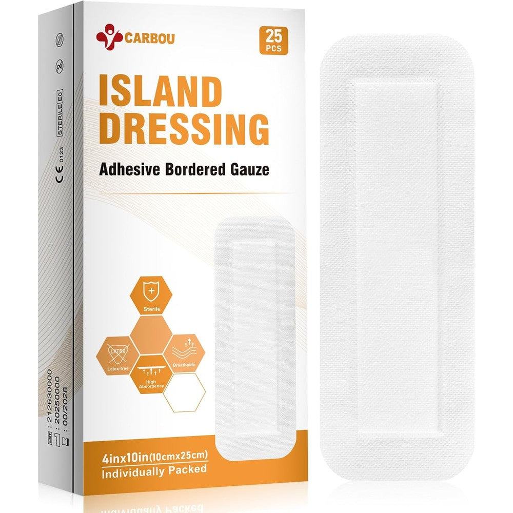 Carbou Island Dressing Bordered Gauze front packaging view for sterile wound care.