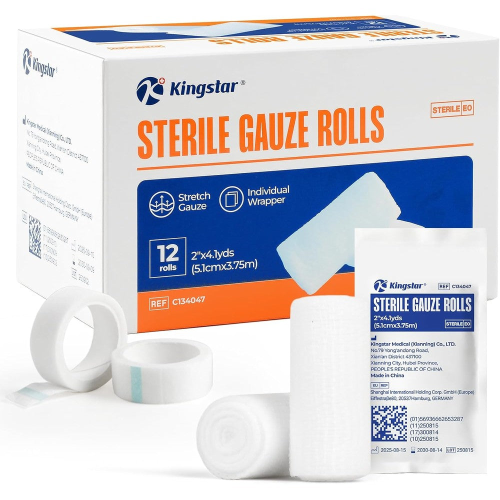 K Kingstar Sterile Gauze Rolls front view twelve pack first aid supplies