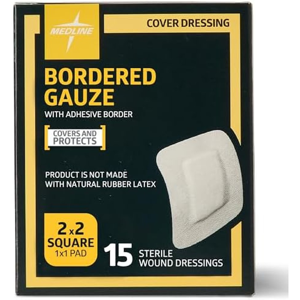 Medline Bordered Gauze front packaging view showing fifteen sterile adhesive island wound dressings.