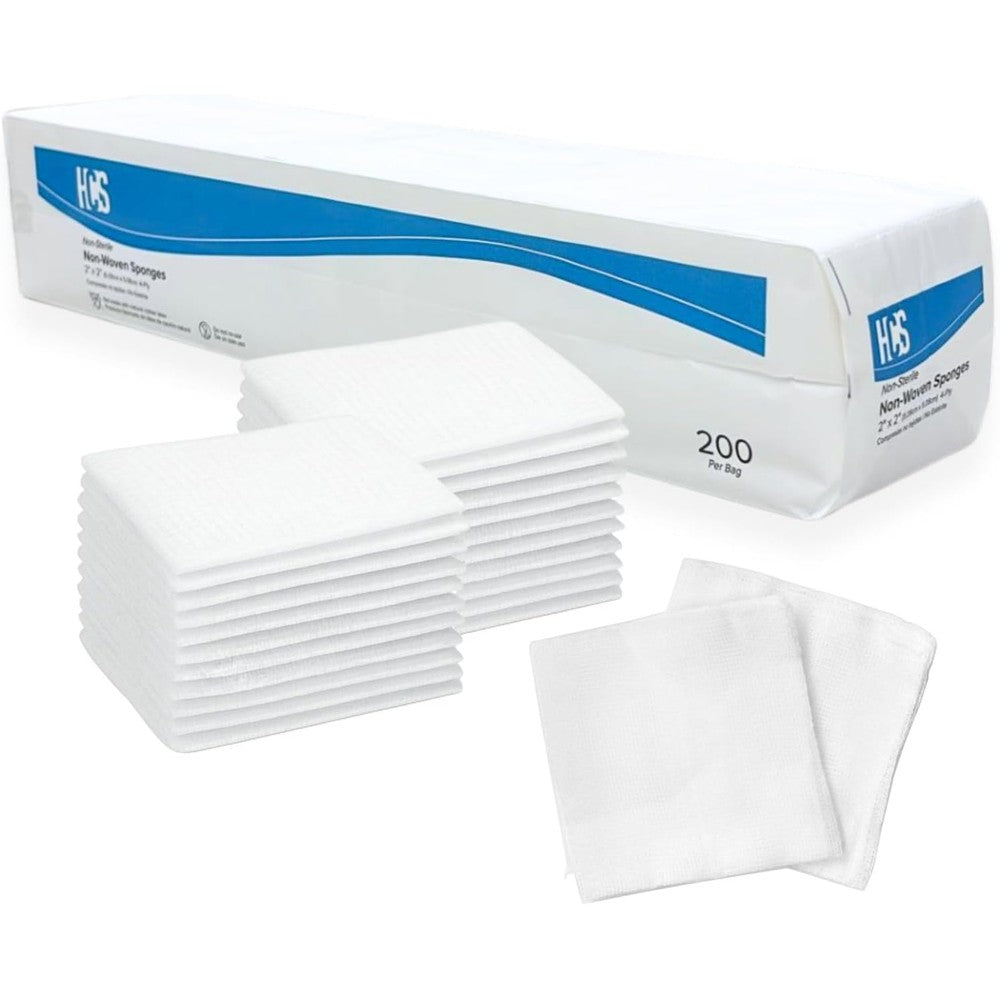 American Health Service HCS non woven gauze pads front package view showcasing premium 200 count supply