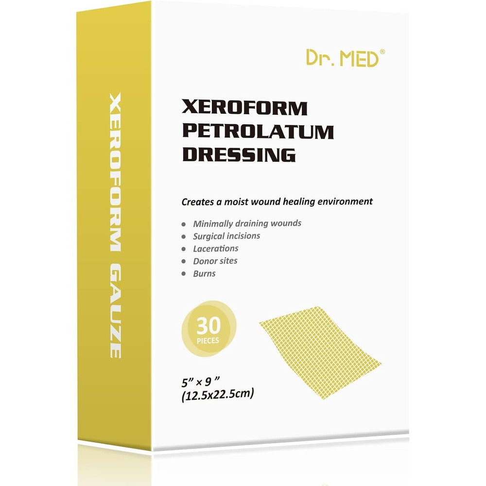 Dr. Med Xeroform Petrolatum Dressing Patch front view of box containing 30 pieces of sterile wound gauze