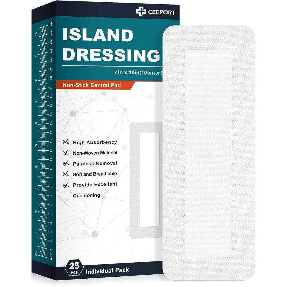 Ceeport Island Dressing Bordered Gauze 4x10 inch front view showing the box of twenty five individually packed sterile wound care pads.