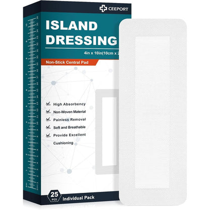 Ceeport Island Dressing Bordered Gauze 4x10 inch front view showing the box of twenty five individually packed sterile wound care pads.
