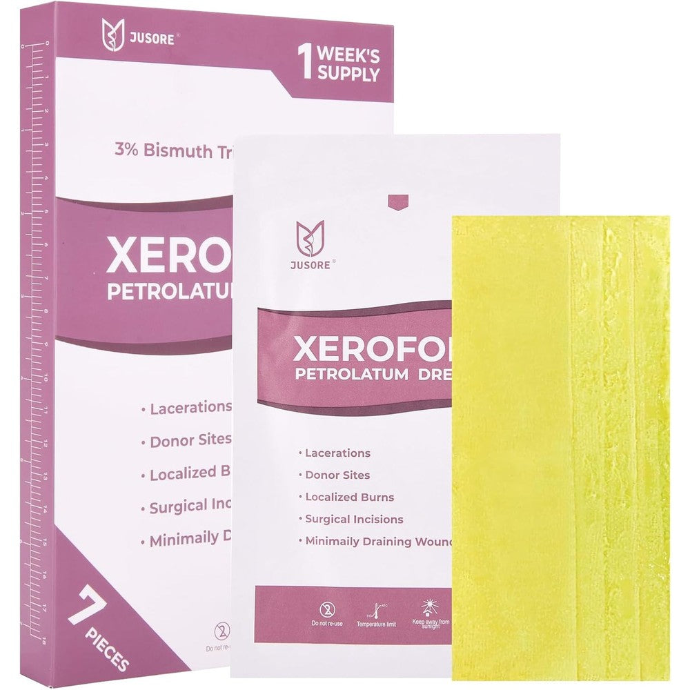 JUSORE Xeroform Petrolatum Dressing 7 pack front view packaging