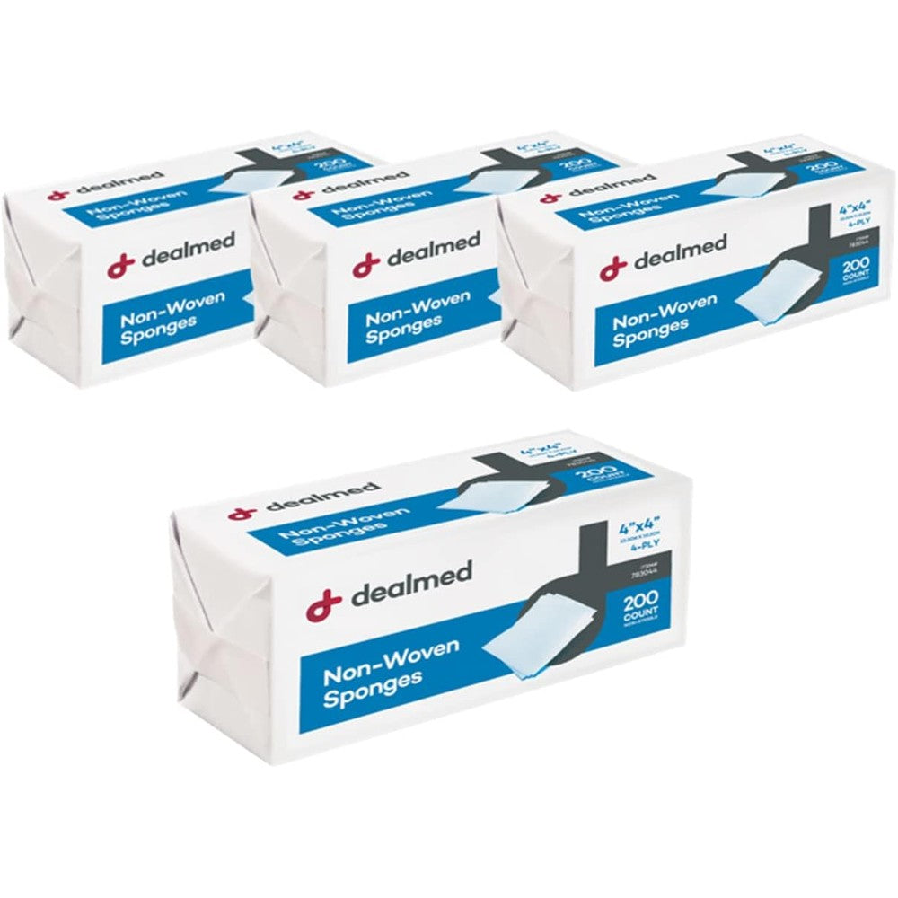 Dealmed Non Woven Gauze Sponges retail box front view showing 4x4 dimensions and 4 ply thickness specifications.