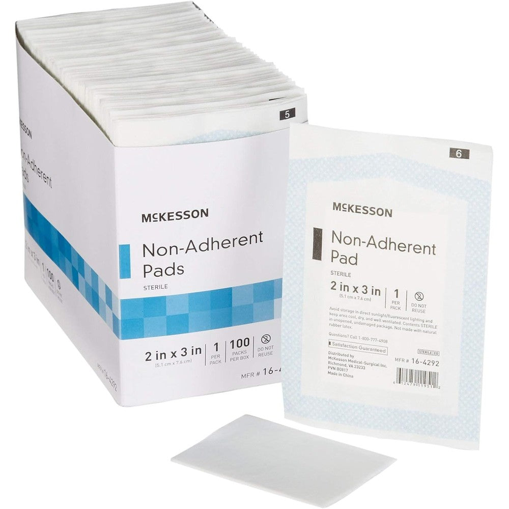 McKesson non adherent dressing pads sterile packaging front view showing box of one hundred count
