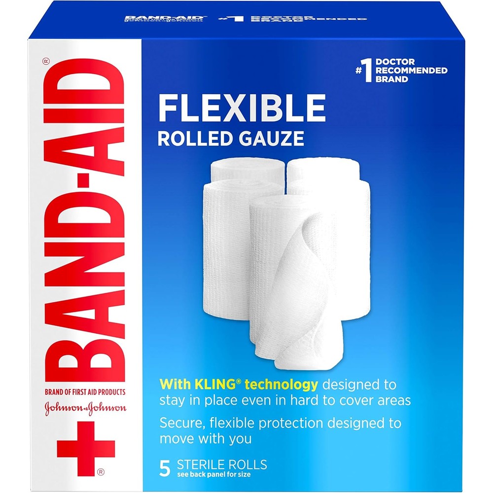 Band-Aid Flexible Rolled Gauze Dressing front packaging view for premium wound care.