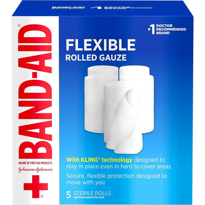 Band-Aid Flexible Rolled Gauze Dressing front packaging view for premium wound care.