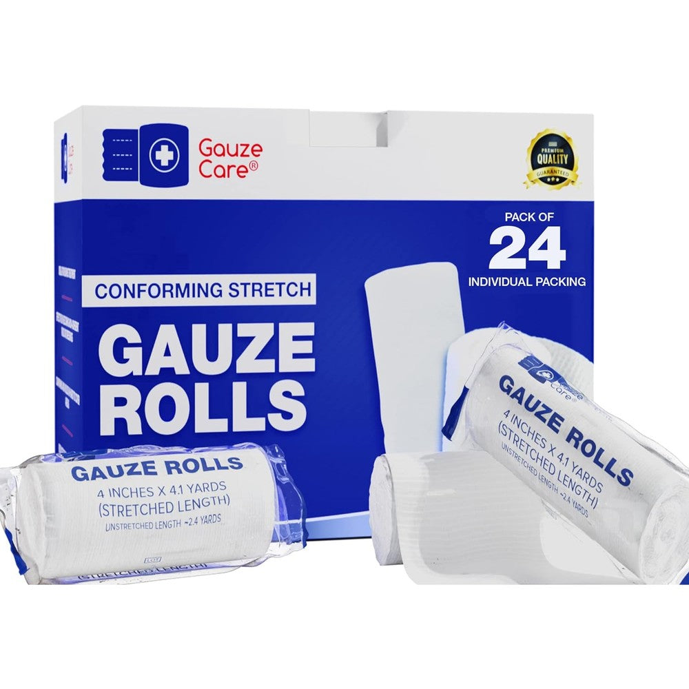 Gauze Care Conforming Stretch Bandage Rolls 24 pack front view packaging