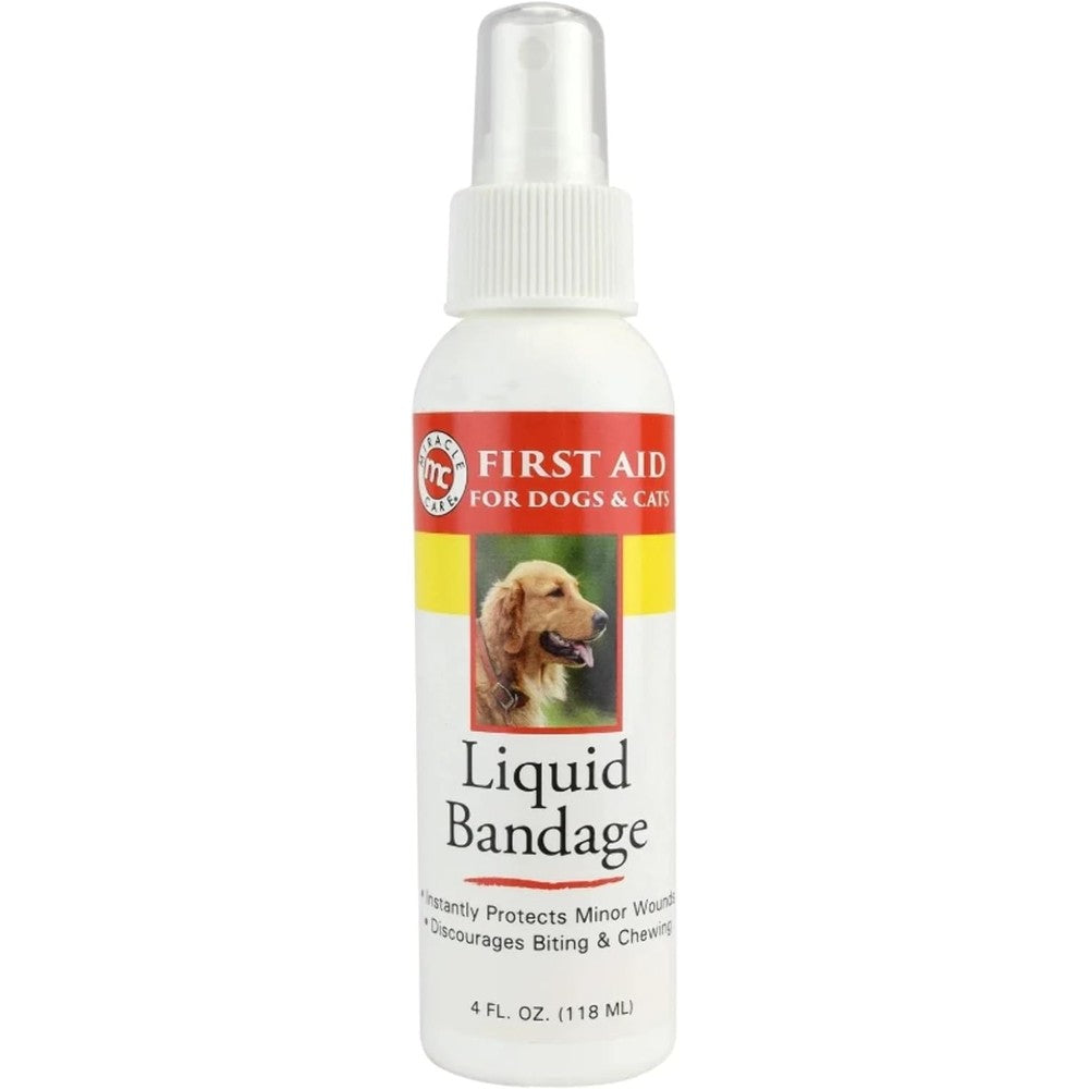 Gimborn Miracle Care Liquid Bandage Spray four ounce front view showing first aid packaging for dogs and cats.