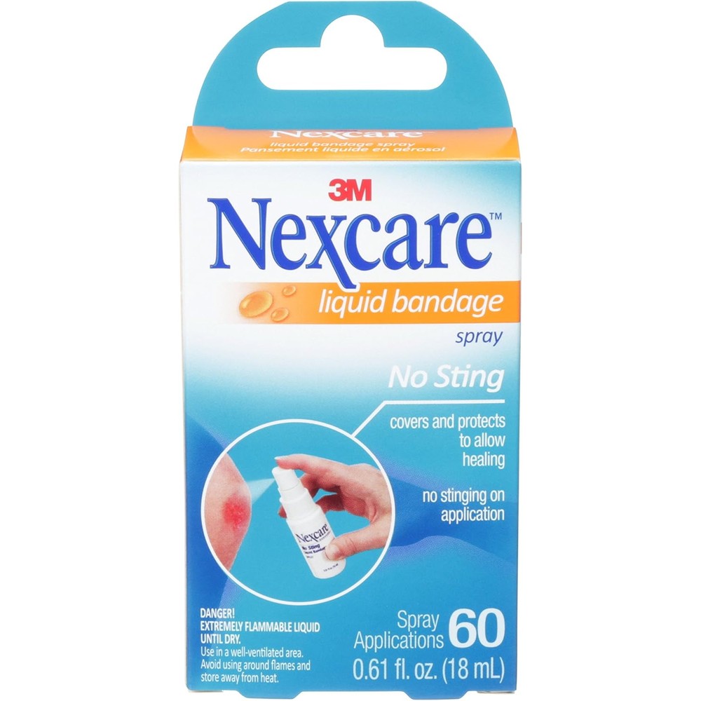 Nexcare No Sting Liquid Bandage Spray 0.61 Fluid Ounces front view for sting free wound care