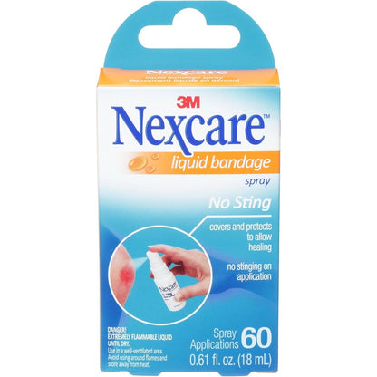 Nexcare No Sting Liquid Bandage Spray 0.61 Fluid Ounces front view for sting free wound care