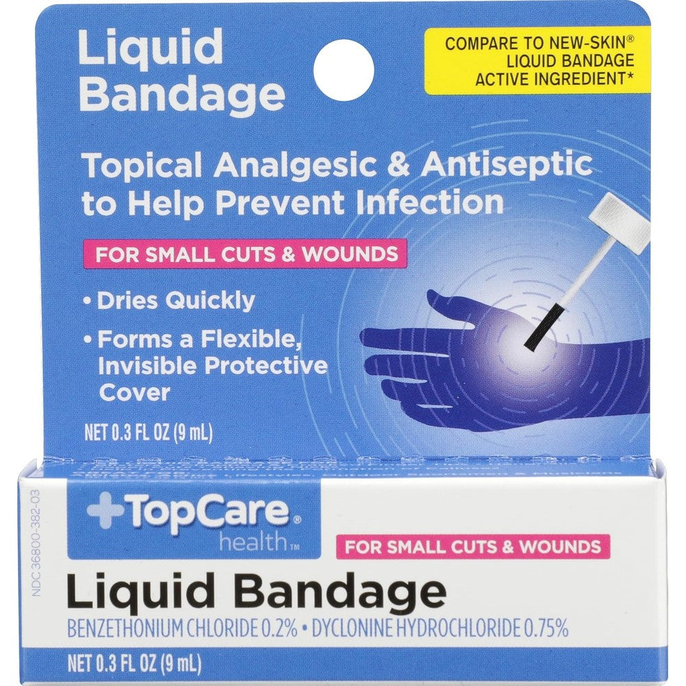 Topcare Liquid Bandage Topical Analgesic and Antiseptic 0.3 Fluid Ounce front view bottle for small cuts and wounds