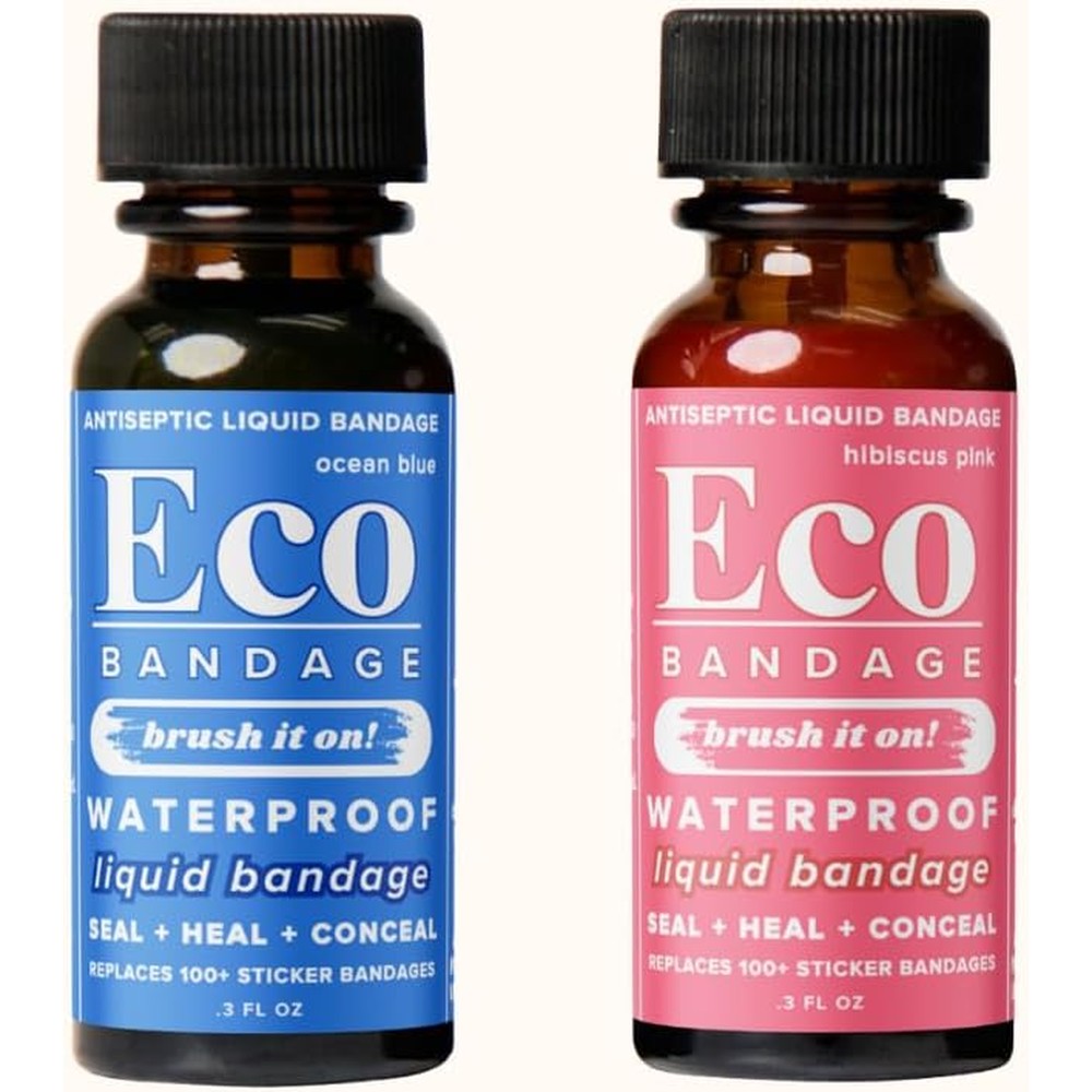 Eco Bandage Waterproof Liquid Bandage front view of blue and pink bottles