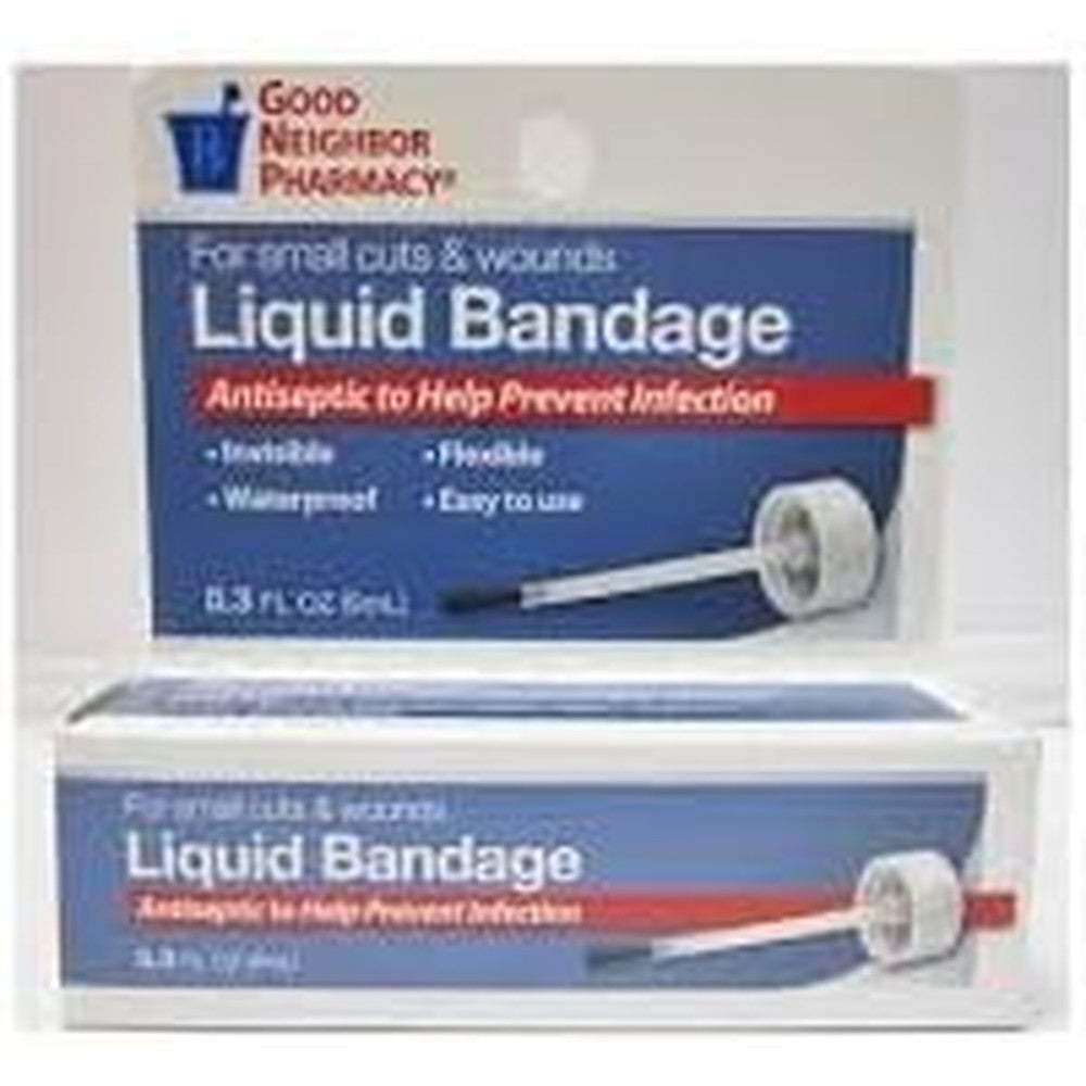 Good Neighbor Pharmacy Liquid Bandage 0.3 Ounce front view bottle for waterproof first aid wound care.