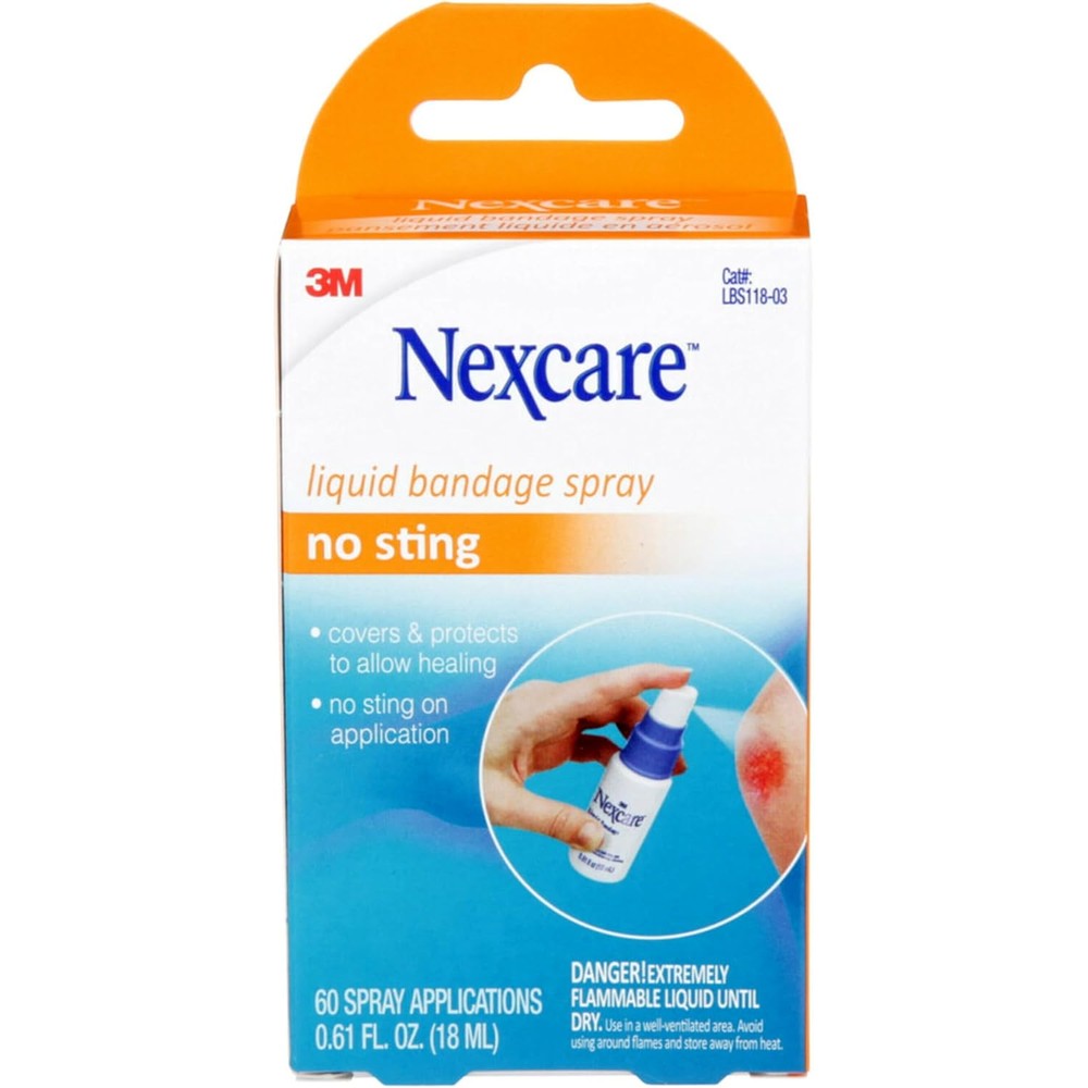 Nexcare No Sting Liquid Bandage Spray front view showing the 0.61 fluid ounce bottle for waterproof first aid protection.