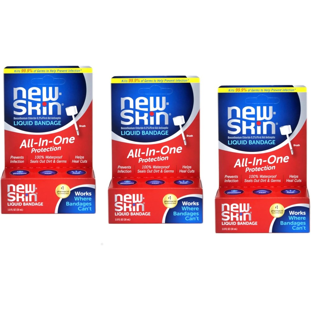 New-Skin Liquid Bandage waterproof first aid antiseptic 1 fluid ounce three pack front packaging view