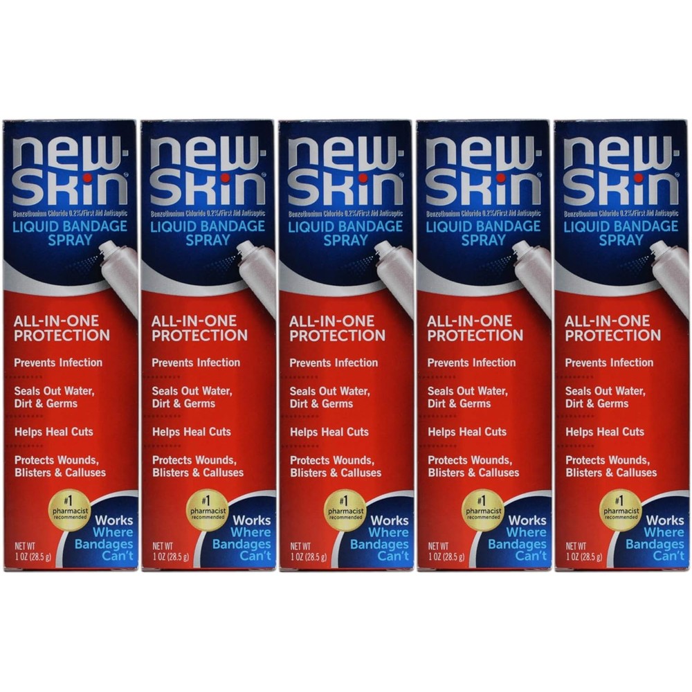New-Skin Liquid Bandage Spray one ounce pack of five front view showcasing authentic first aid packaging.