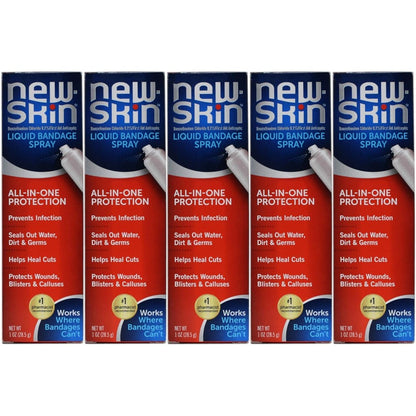 New-Skin Liquid Bandage Spray one ounce pack of five front view showcasing authentic first aid packaging.