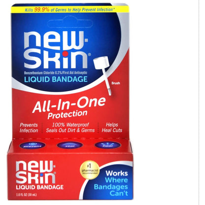 New-Skin First Aid Antiseptic Liquid Bandage one fluid ounce bottle front view showcasing the packaging.